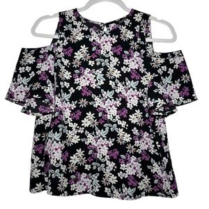 Express Black Floral Cold Shoulder Flutter Sleeve Top XS‎